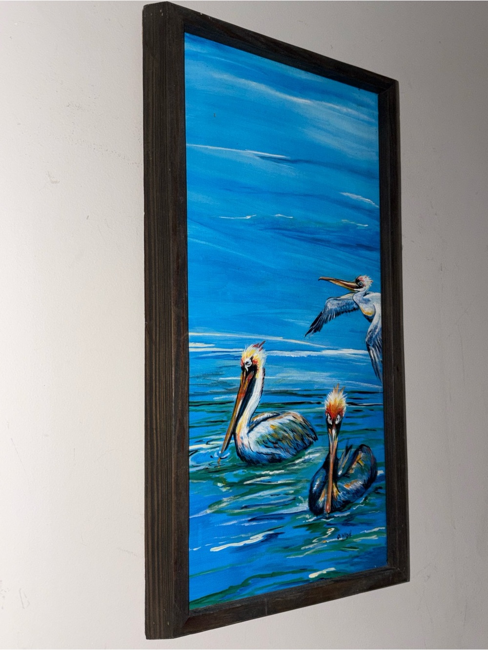 Original Dixie Vigel signed Pelican painting 2022 framed coastal beach wall art